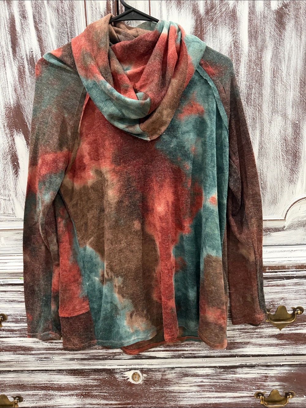 Tie-Dye Cowl Neck Sweater in Teal, Rust & Brown